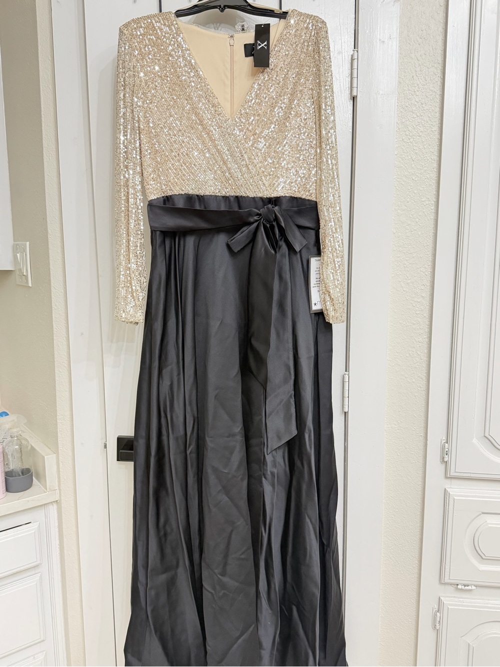 Xscape Gold Sequin Bodice with Black Satin Maxi Skirt